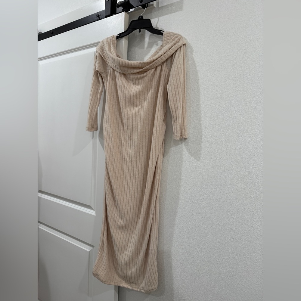 Ribbed Off-Shoulder Maxi Dress in Beige